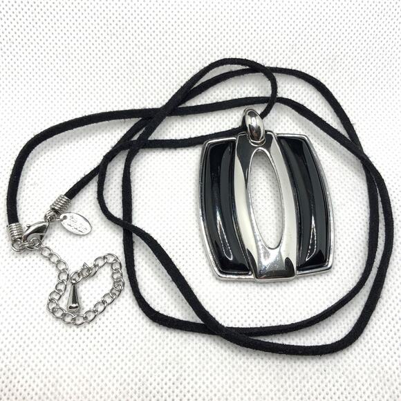 Lia Sophia Enigma Necklace Silver Tone and Black Inlaid Pendant Black Suede Cord - Picture 1 of 7